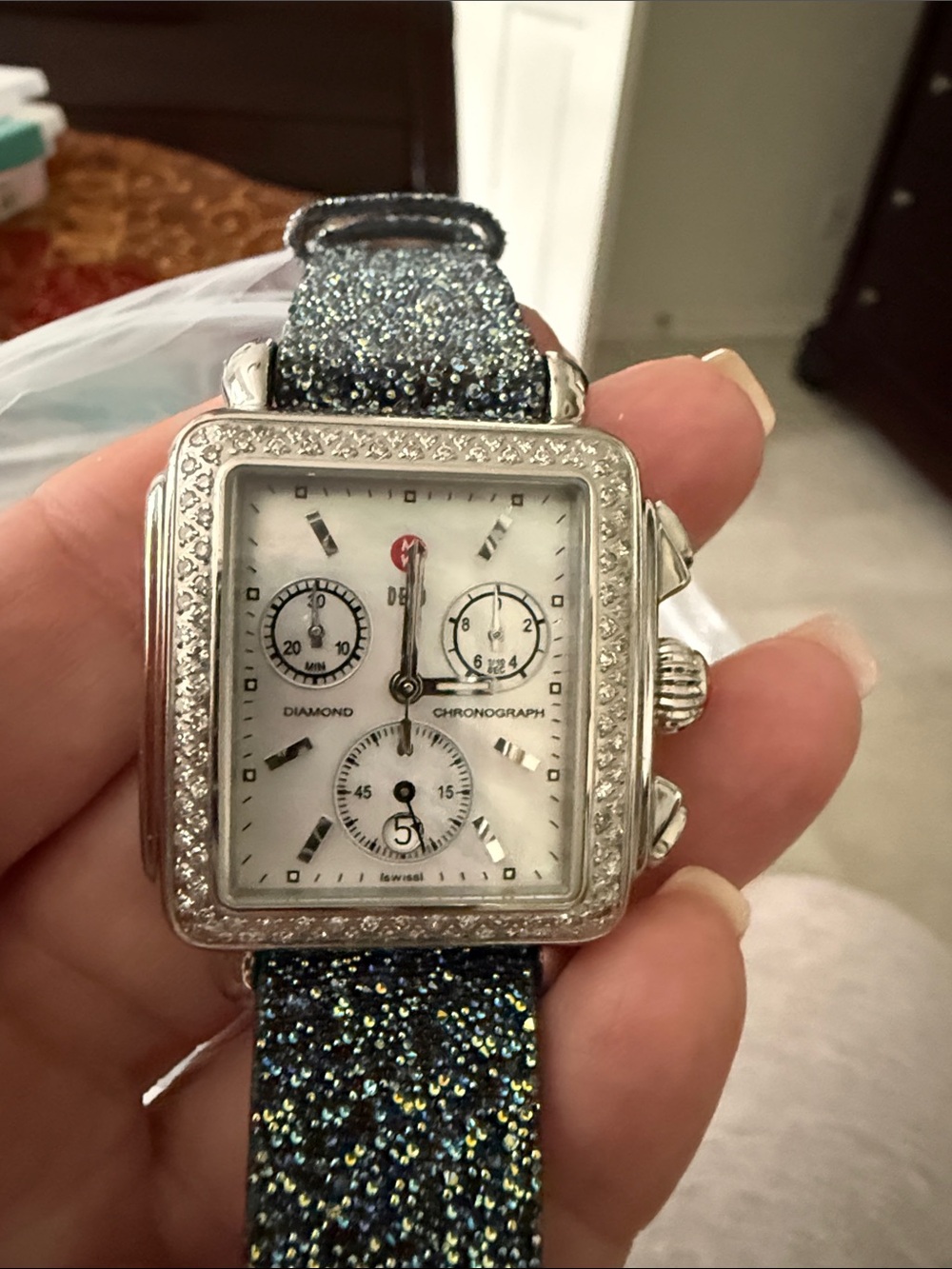 Michele Deco Diamond Chronograph Square Silver Watch with Blue Sparkle Strap